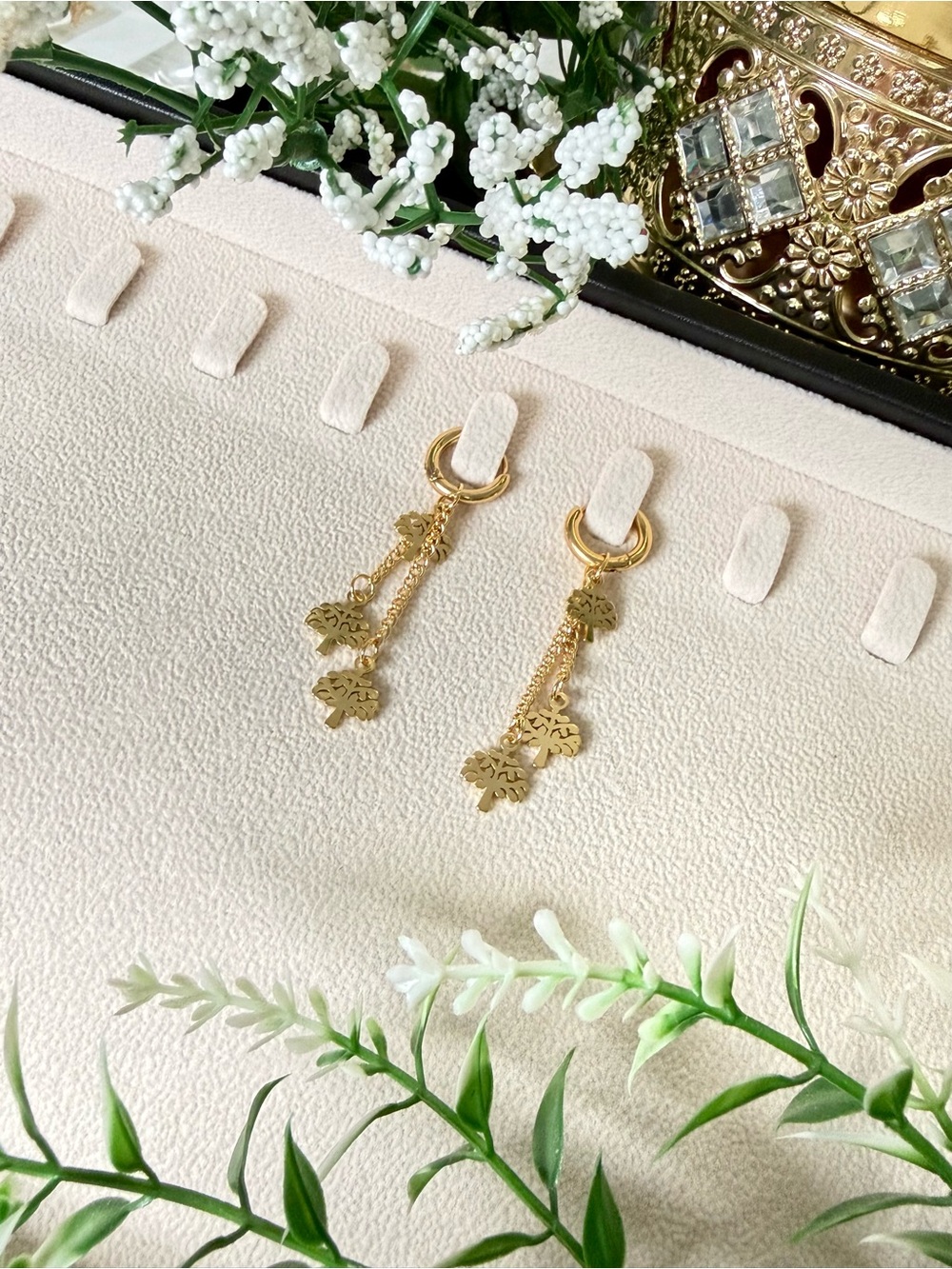 Gold Dangle tree of life Charm Earrings - 18k gold plated stainless steel